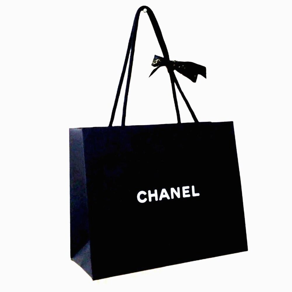Authentic CHANEL Black Paper Shopping Bag β Black & Gold Ribbon 11.75x9.5x5-inch